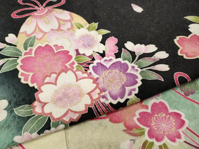 平和屋着物●豪華振袖　花鞠文　暈し染め　黒地　金通し地　正絹　逸品　CABI9924ut