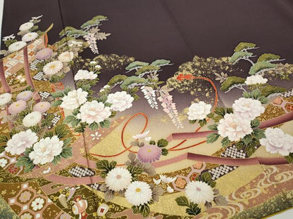 平和屋着物●豪華振袖　刺繍　几帳草花文　暈し染め　金彩　正絹　逸品　CABI9926ut