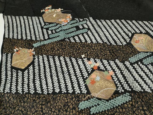 平和屋着物●訪問着　絞り　刺繍　亀甲草花文　黒地　金彩　仮絵羽　正絹　逸品　未使用　CABI9931ut