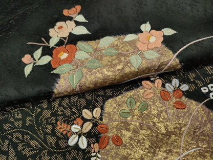 平和屋着物●訪問着　絞り　刺繍　亀甲草花文　黒地　金彩　仮絵羽　正絹　逸品　未使用　CABI9931ut