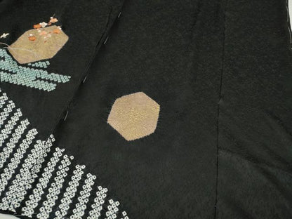 平和屋着物●訪問着　絞り　刺繍　亀甲草花文　黒地　金彩　仮絵羽　正絹　逸品　未使用　CABI9931ut