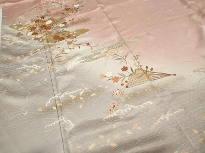 平和屋着物●訪問着　駒刺繍　扇面草花文　暈し染め　金彩　鈴乃屋扱い　正絹　逸品　未使用　CABI9952ut