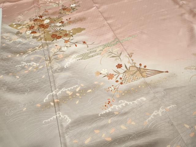 平和屋着物●訪問着　駒刺繍　扇面草花文　暈し染め　金彩　鈴乃屋扱い　正絹　逸品　未使用　CABI9952ut