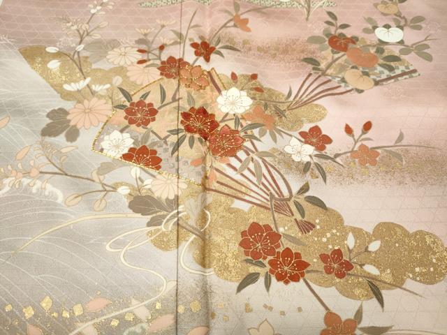 平和屋着物●訪問着　駒刺繍　扇面草花文　暈し染め　金彩　鈴乃屋扱い　正絹　逸品　未使用　CABI9952ut