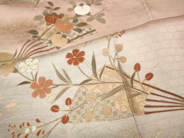 平和屋着物●訪問着　駒刺繍　扇面草花文　暈し染め　金彩　鈴乃屋扱い　正絹　逸品　未使用　CABI9952ut