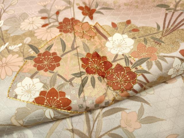 平和屋着物●訪問着　駒刺繍　扇面草花文　暈し染め　金彩　鈴乃屋扱い　正絹　逸品　未使用　CABI9952ut