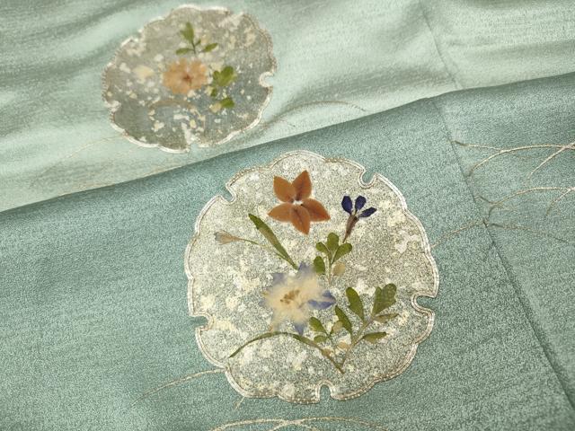 平和屋着物●訪問着　駒刺繍　押し花　雪輪芝草花文　暈し染め　金彩　正絹　逸品　CABI9955ut