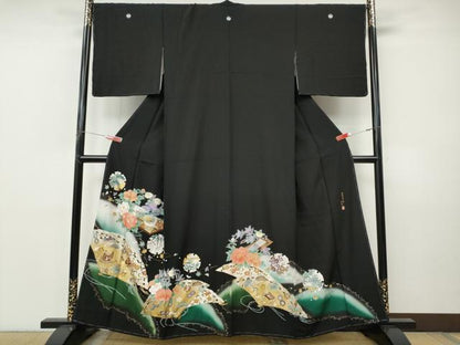 平和屋着物●谷崎潤一郎の世界　黒留袖　刺繍　檜扇雪輪飛鶴花文　金彩　正絹　逸品　未使用　CABI9965ut