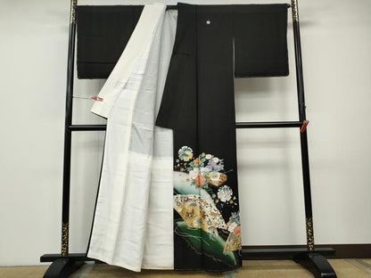平和屋着物●谷崎潤一郎の世界　黒留袖　刺繍　檜扇雪輪飛鶴花文　金彩　正絹　逸品　未使用　CABI9965ut