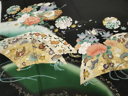 平和屋着物●谷崎潤一郎の世界　黒留袖　刺繍　檜扇雪輪飛鶴花文　金彩　正絹　逸品　未使用　CABI9965ut