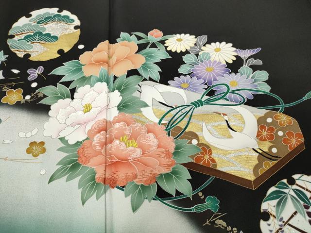 平和屋着物●谷崎潤一郎の世界　黒留袖　刺繍　檜扇雪輪飛鶴花文　金彩　正絹　逸品　未使用　CABI9965ut