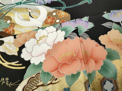 平和屋着物●谷崎潤一郎の世界　黒留袖　刺繍　檜扇雪輪飛鶴花文　金彩　正絹　逸品　未使用　CABI9965ut