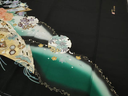 平和屋着物●谷崎潤一郎の世界　黒留袖　刺繍　檜扇雪輪飛鶴花文　金彩　正絹　逸品　未使用　CABI9965ut