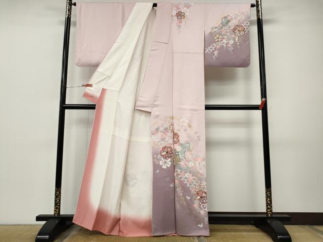 平和屋着物●訪問着　御所車花蝶文　暈し染め　金銀彩　正絹　逸品　CABI9966ut