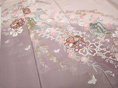 平和屋着物●訪問着　御所車花蝶文　暈し染め　金銀彩　正絹　逸品　CABI9966ut