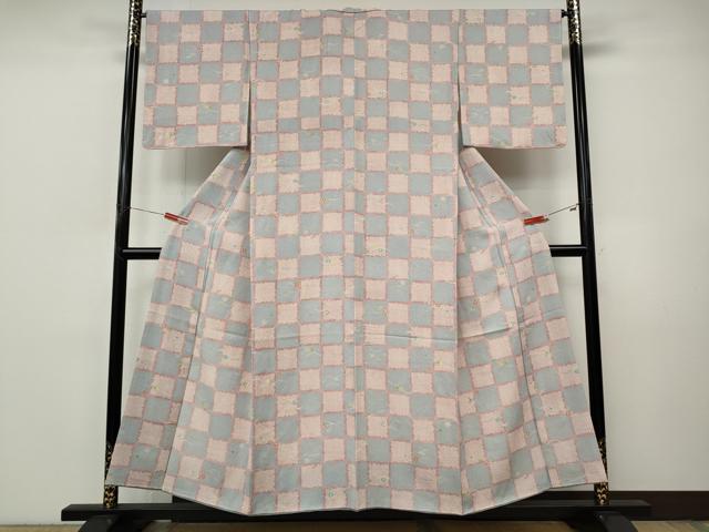平和屋着物●上質な小紋　格子芝草花文　正絹　逸品　CABI9967ut