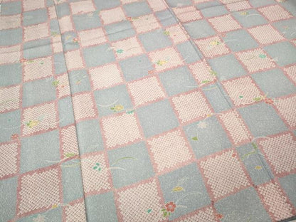 平和屋着物●上質な小紋　格子芝草花文　正絹　逸品　CABI9967ut