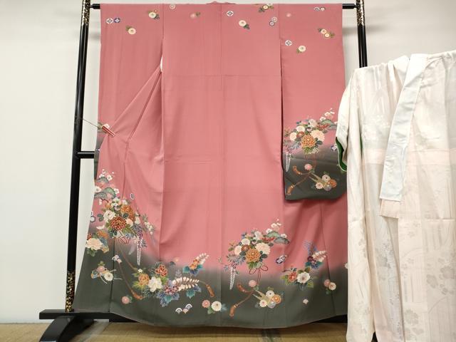 平和屋着物●豪華振袖・長襦袢セット　駒刺繍　楽器花文　暈し染め　金彩　正絹　逸品　CABI9974ut