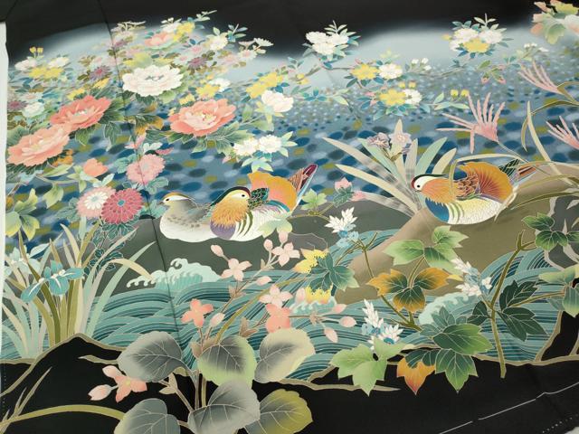 平和屋着物●豪華黒留袖　友禅　作家物　鴛鴦花文　暈し染め　正絹　逸品　未使用　CABI9980ut