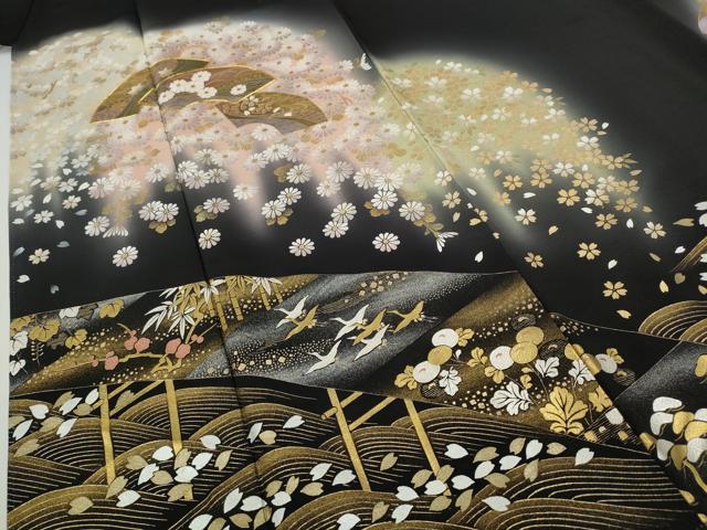 平和屋着物●豪華黒留袖　作家物　駒刺繍　地紙飛鶴花文　暈し染め　金銀彩　正絹　逸品　CABI9986ut
