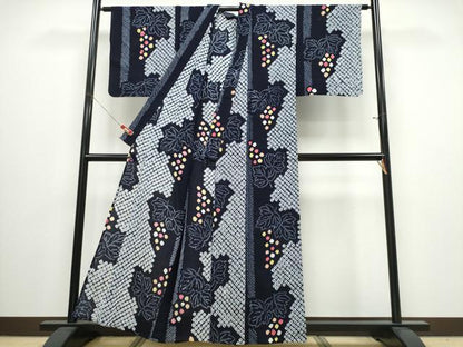 平和屋着物∴夏物　浴衣　有松鳴海絞り　葡萄　間道　高島屋扱い　綿　逸品　CABJ0020ng