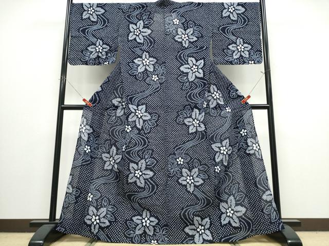 平和屋着物∴夏物　浴衣　有松鳴海絞り　流水花文　綿　逸品　CABJ0034ng