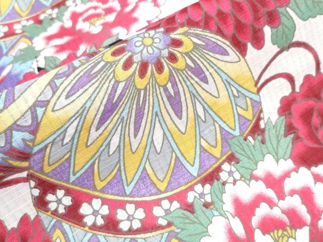 平和屋着物∴夏物　浴衣　鞠牡丹花文　綿　逸品　未使用　CABJ0045ng