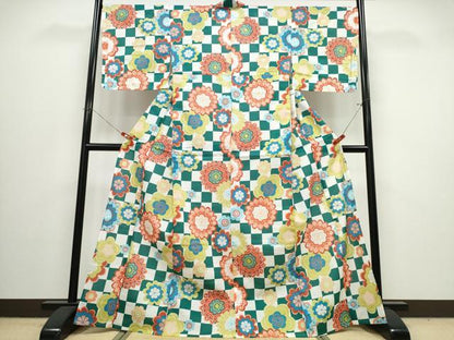 平和屋着物∴夏物　浴衣　綿紅梅　市松正倉院花文　綿　逸品　未使用　CABJ0047ng