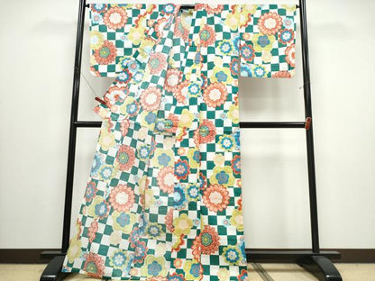 平和屋着物∴夏物　浴衣　綿紅梅　市松正倉院花文　綿　逸品　未使用　CABJ0047ng