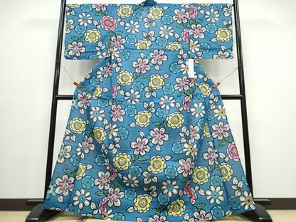 平和屋着物∴夏物　浴衣　綿紅梅　洋花文　綿　逸品　未使用　CABJ0048ng