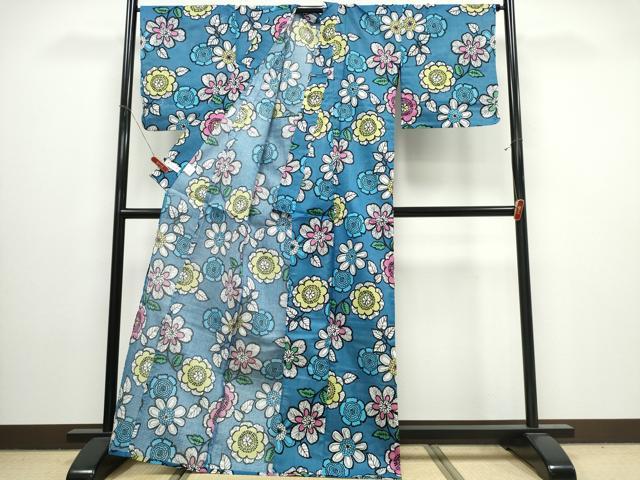 平和屋着物∴夏物　浴衣　綿紅梅　洋花文　綿　逸品　未使用　CABJ0048ng