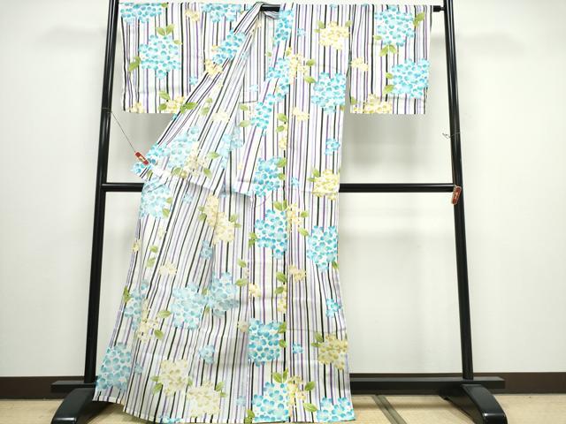 平和屋着物∴夏物　浴衣　綿紅梅　紫陽花　間道　綿　逸品　未使用　CABJ0051ng