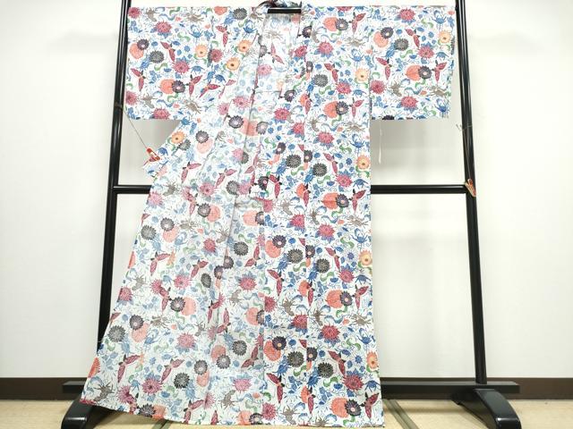 平和屋着物∴夏物　浴衣・小紋兼用　舞蝶菊唐草文　綿麻　逸品　未使用　CABJ0053ng