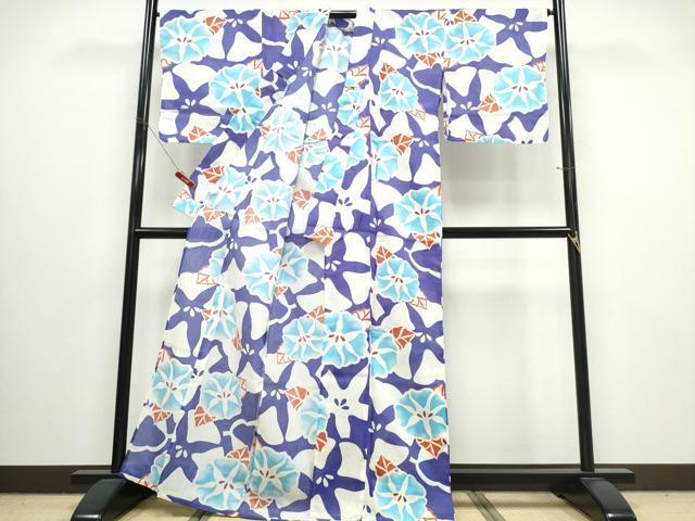 平和屋着物∴夏物　浴衣・小紋兼用　朝顔　綿麻　逸品　未使用　CABJ0055ng