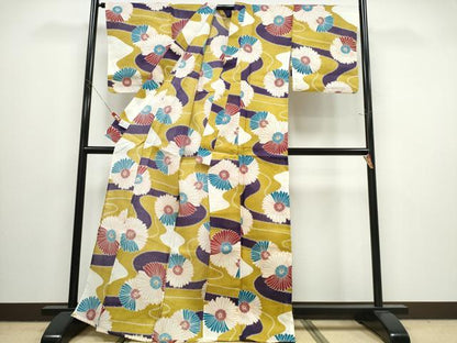 平和屋着物∴夏物　浴衣・小紋兼用　流水菊文　綿麻　逸品　未使用　CABJ0056ng