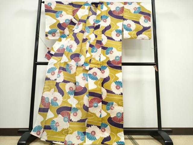 平和屋着物∴夏物　浴衣・小紋兼用　流水菊文　綿麻　逸品　未使用　CABJ0056ng