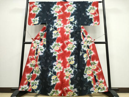 平和屋着物∴夏物　浴衣　朝顔　黒地　金彩　綿　逸品　CABJ0061ng