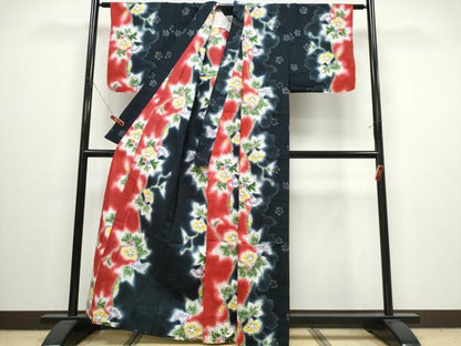 平和屋着物∴夏物　浴衣　朝顔　黒地　金彩　綿　逸品　CABJ0061ng