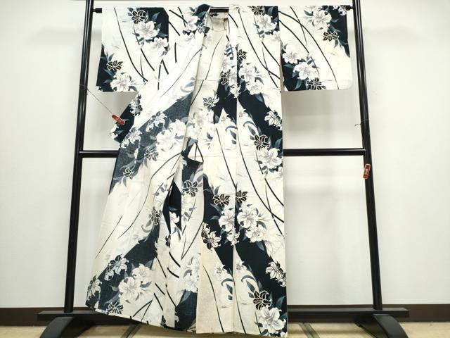 平和屋着物∴夏物　浴衣　百合芝草文　ラメ　綿　逸品　CABJ0062ng