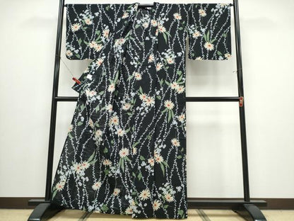 平和屋着物∴夏物　ファッションデザイナー 花井幸子　YUKIKO HANAI 　浴衣　菊文　黒地　綿　逸品　CABJ0063ng