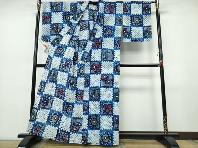 平和屋着物∴夏物　浴衣　有松鳴海絞り　市松花文　綿　逸品　CABJ0080ng