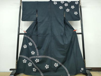 平和屋着物∴夏物　訪問着・浴衣兼用　絵羽浴衣　有松鳴海絞り　舞桜　黒地　綿　逸品　CABJ0082ng