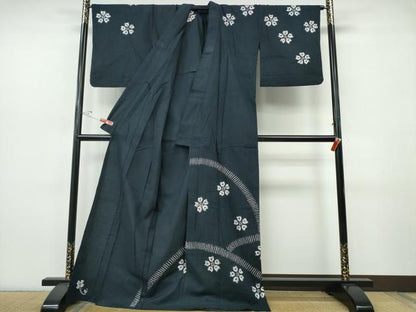平和屋着物∴夏物　訪問着・浴衣兼用　絵羽浴衣　有松鳴海絞り　舞桜　黒地　綿　逸品　CABJ0082ng