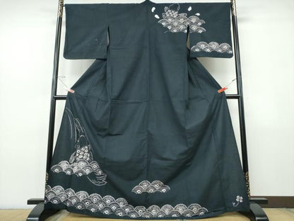 平和屋着物∴夏物　訪問着・浴衣兼用　絵羽浴衣　有松鳴海絞り　鯉の滝登り　黒地　綿　逸品　CABJ0083ng