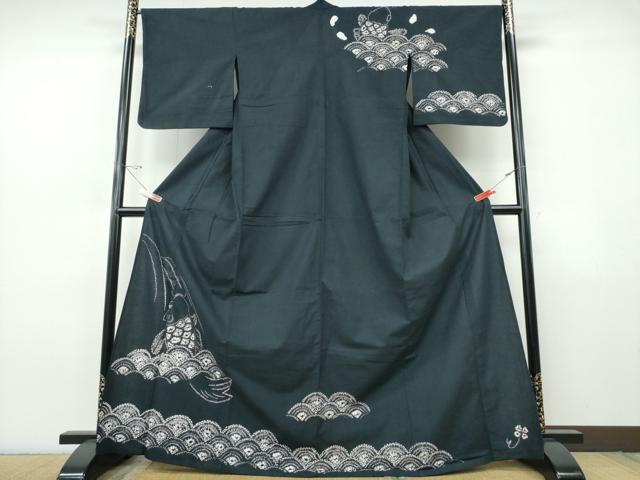 平和屋着物∴夏物　訪問着・浴衣兼用　絵羽浴衣　有松鳴海絞り　鯉の滝登り　黒地　綿　逸品　CABJ0083ng