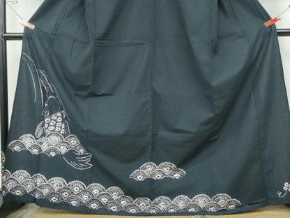 平和屋着物∴夏物　訪問着・浴衣兼用　絵羽浴衣　有松鳴海絞り　鯉の滝登り　黒地　綿　逸品　CABJ0083ng