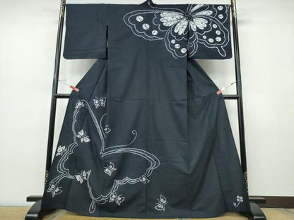 平和屋着物∴夏物　訪問着・浴衣兼用　絵羽浴衣　有松鳴海絞り　舞蝶文　黒地　綿　逸品　CABJ0084ng