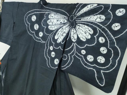 平和屋着物∴夏物　訪問着・浴衣兼用　絵羽浴衣　有松鳴海絞り　舞蝶文　黒地　綿　逸品　CABJ0084ng