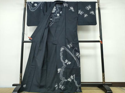 平和屋着物∴夏物　訪問着・浴衣兼用　絵羽浴衣　有松鳴海絞り　舞蝶文　黒地　綿　逸品　CABJ0084ng