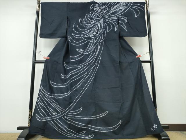 平和屋着物∴夏物　訪問着・浴衣兼用　絵羽浴衣　有松鳴海絞り　乱菊　黒地　綿　逸品　CABJ0085ng